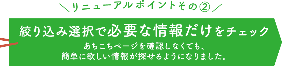 ＼リニューアルポイントその②／ 絞り込み選択で必要な情報だけをチェック あちこちページを確認しなくても、簡単に欲しい情報が探せるようになりました。
